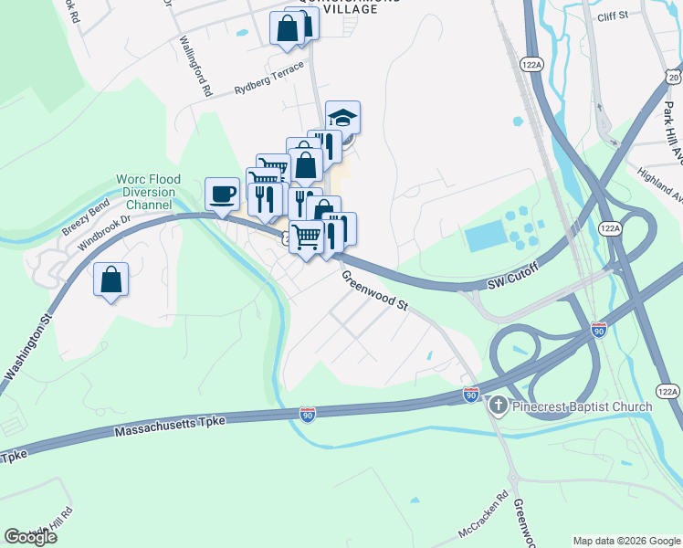 map of restaurants, bars, coffee shops, grocery stores, and more near 529 Southwest Cutoff in Worcester