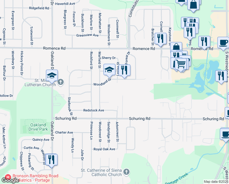 map of restaurants, bars, coffee shops, grocery stores, and more near 1401 Woodland Drive in Portage