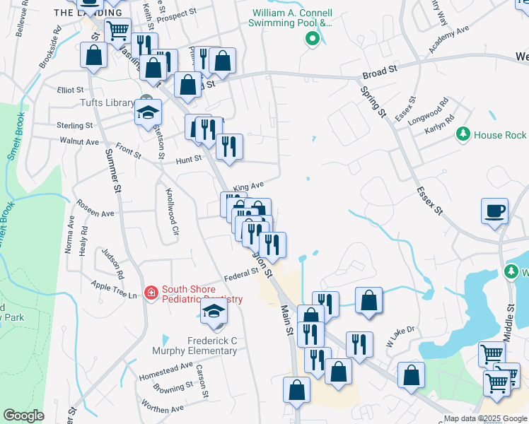 map of restaurants, bars, coffee shops, grocery stores, and more near 390 Washington Street in Weymouth