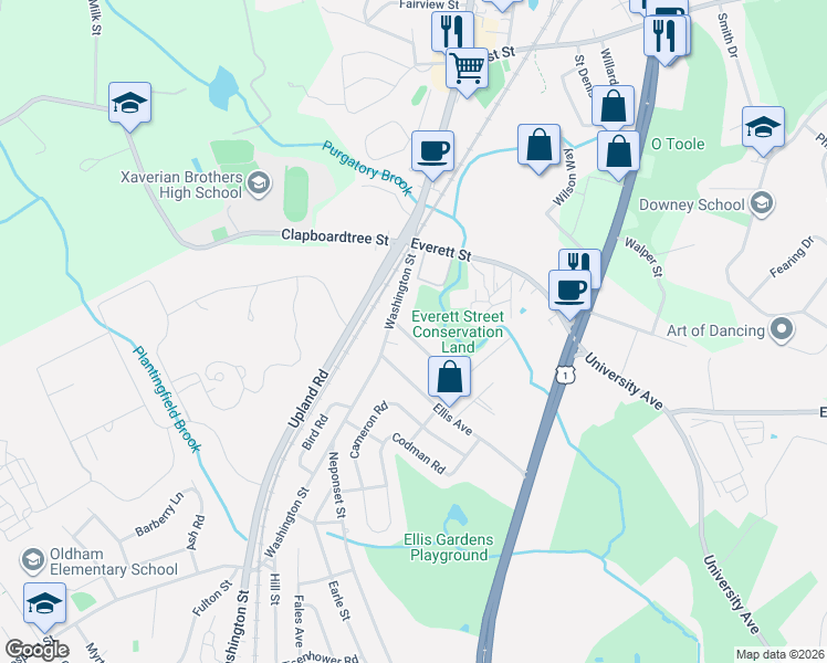 map of restaurants, bars, coffee shops, grocery stores, and more near 18 Margaret Street in Norwood