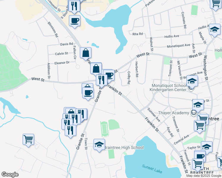 map of restaurants, bars, coffee shops, grocery stores, and more near 2 Rosedale Avenue in Braintree
