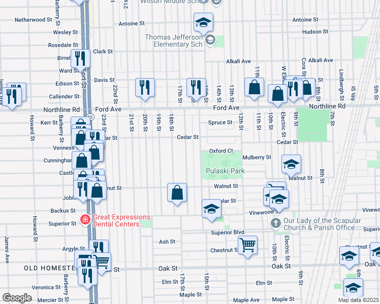map of restaurants, bars, coffee shops, grocery stores, and more near 2233 17th Street in Wyandotte