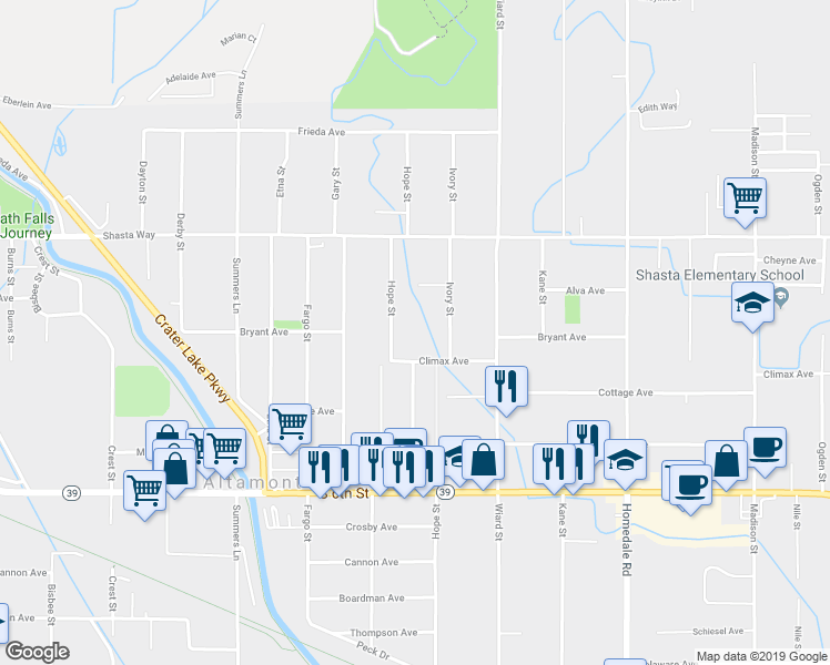 map of restaurants, bars, coffee shops, grocery stores, and more near 1861 Hope Street in Klamath Falls
