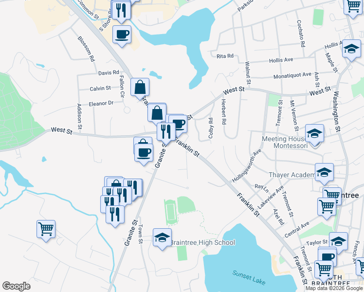 map of restaurants, bars, coffee shops, grocery stores, and more near 2 Rosedale Avenue in Braintree