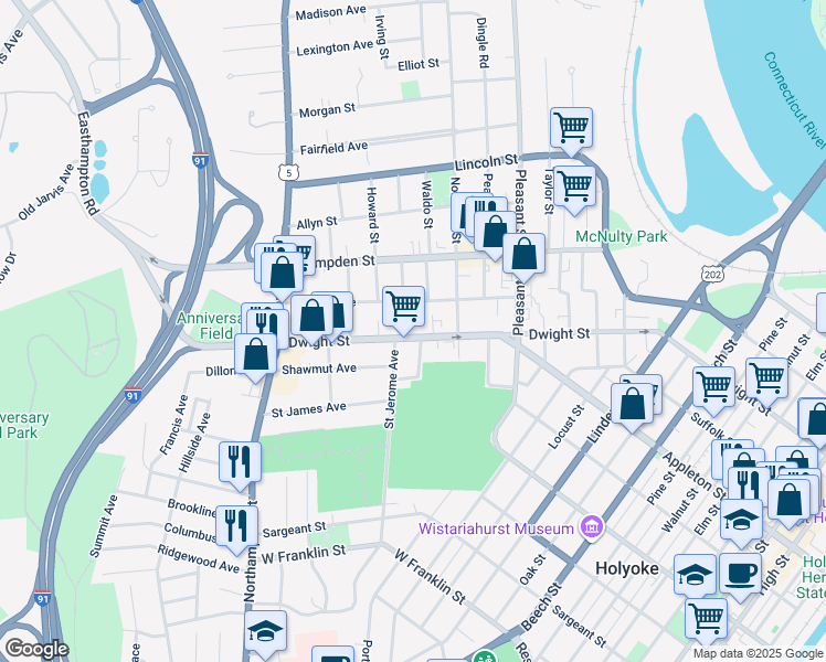 map of restaurants, bars, coffee shops, grocery stores, and more near 59 Faille Avenue in Holyoke