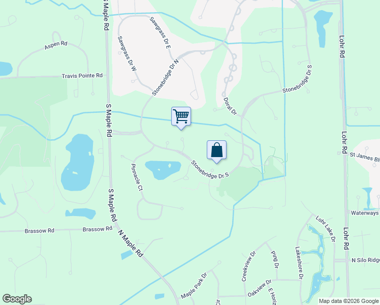 map of restaurants, bars, coffee shops, grocery stores, and more near 5166 Oak Hill Court in Ann Arbor