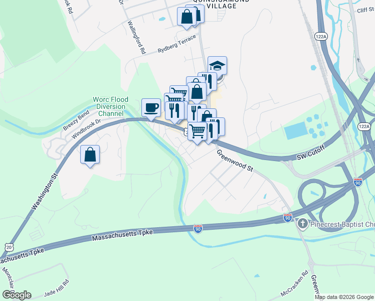 map of restaurants, bars, coffee shops, grocery stores, and more near 557 Southwest Cutoff in Worcester