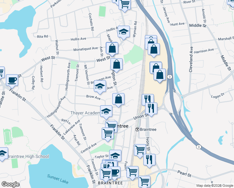 map of restaurants, bars, coffee shops, grocery stores, and more near 626 Washington Street in Braintree