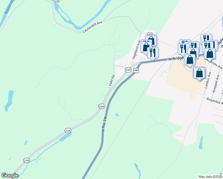 map of restaurants, bars, coffee shops, grocery stores, and more near 1457 Route 23A in Catskill
