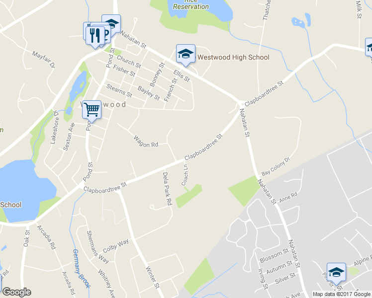 map of restaurants, bars, coffee shops, grocery stores, and more near 216 Clapboardtree Street in Westwood