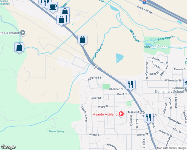 map of restaurants, bars, coffee shops, grocery stores, and more near 465 Schofield Street in Ashland