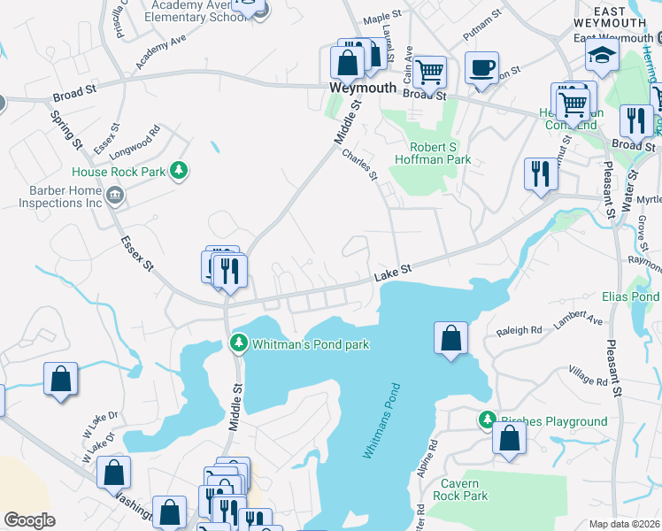 map of restaurants, bars, coffee shops, grocery stores, and more near 233 Lake Street in Weymouth