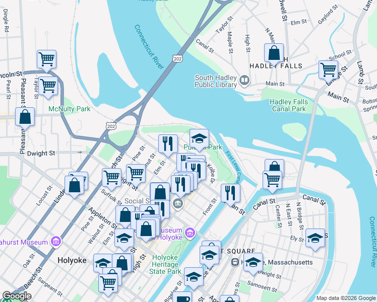 map of restaurants, bars, coffee shops, grocery stores, and more near Saint Kolbe Drive in Holyoke