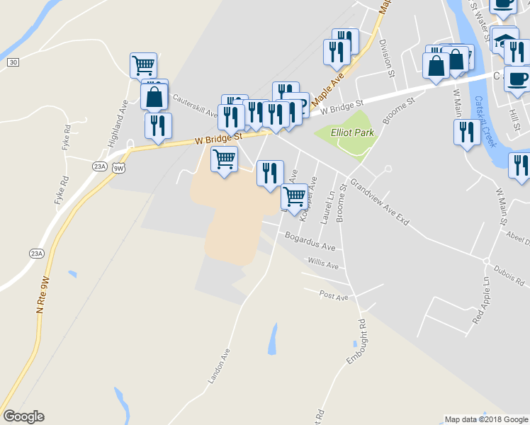 map of restaurants, bars, coffee shops, grocery stores, and more near 80 Catskill Commons in Catskill