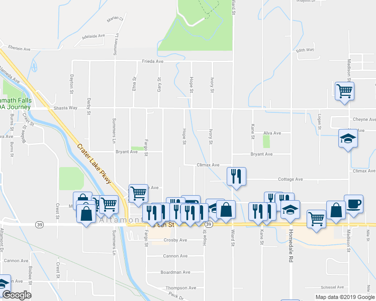 map of restaurants, bars, coffee shops, grocery stores, and more near 1861 Hope Street in Klamath Falls