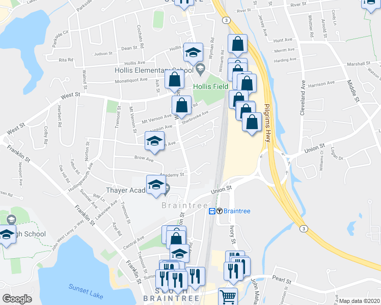 map of restaurants, bars, coffee shops, grocery stores, and more near 626 Washington Street in Braintree