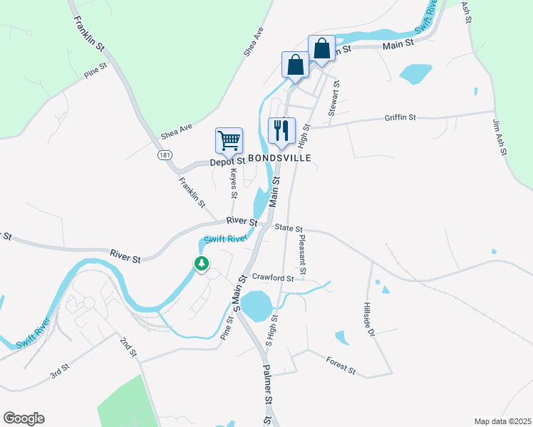 map of restaurants, bars, coffee shops, grocery stores, and more near 3026 South High Street in Palmer
