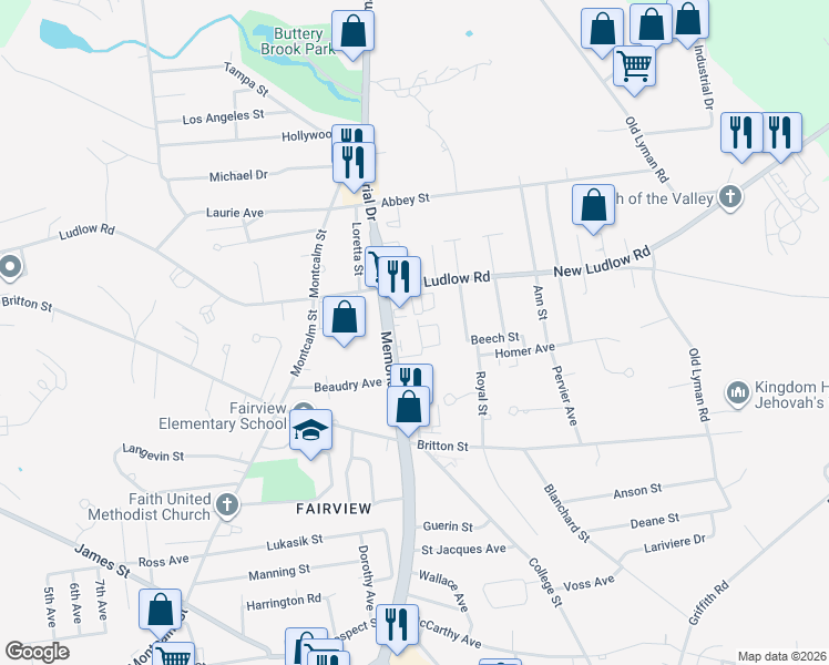 map of restaurants, bars, coffee shops, grocery stores, and more near 1979 Memorial Drive in Chicopee