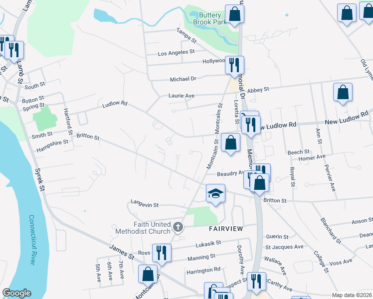 map of restaurants, bars, coffee shops, grocery stores, and more near 89 New Ludlow Road in Chicopee