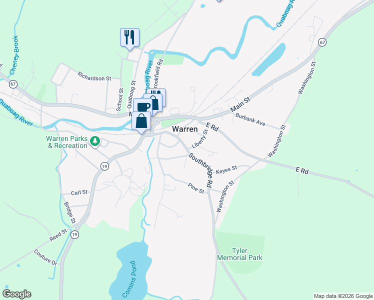 map of restaurants, bars, coffee shops, grocery stores, and more near 57 Liberty Street in Warren