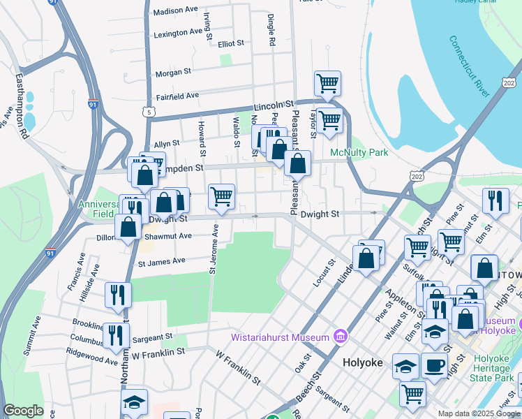 map of restaurants, bars, coffee shops, grocery stores, and more near 142 Nonotuck Street in Holyoke