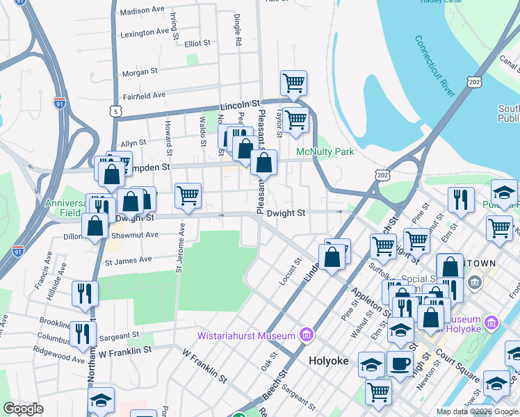 map of restaurants, bars, coffee shops, grocery stores, and more near 548 Pleasant Street in Holyoke