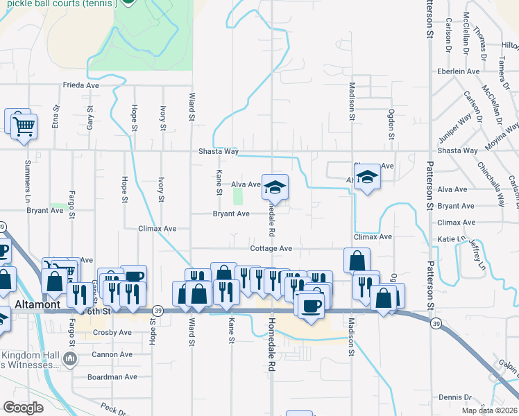 map of restaurants, bars, coffee shops, grocery stores, and more near 5329 Bryant Avenue in Klamath Falls