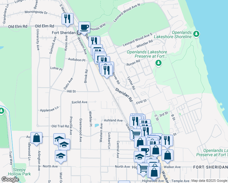 map of restaurants, bars, coffee shops, grocery stores, and more near 730 Sheridan Road in Highwood