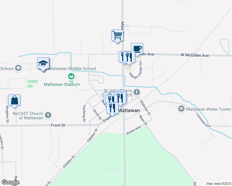map of restaurants, bars, coffee shops, grocery stores, and more near 24099 Third Avenue in Mattawan