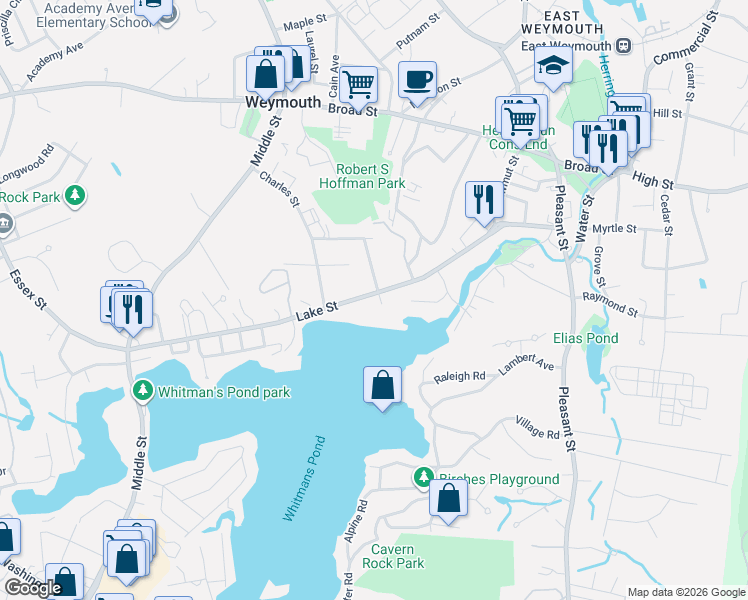 map of restaurants, bars, coffee shops, grocery stores, and more near 147 Lake Street in Weymouth