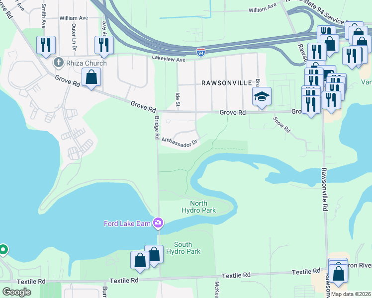 map of restaurants, bars, coffee shops, grocery stores, and more near 2706 Ambassador Drive in Ypsilanti