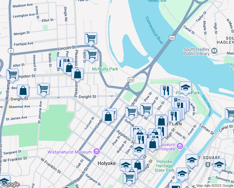 map of restaurants, bars, coffee shops, grocery stores, and more near 931-933 Dwight Street in Holyoke