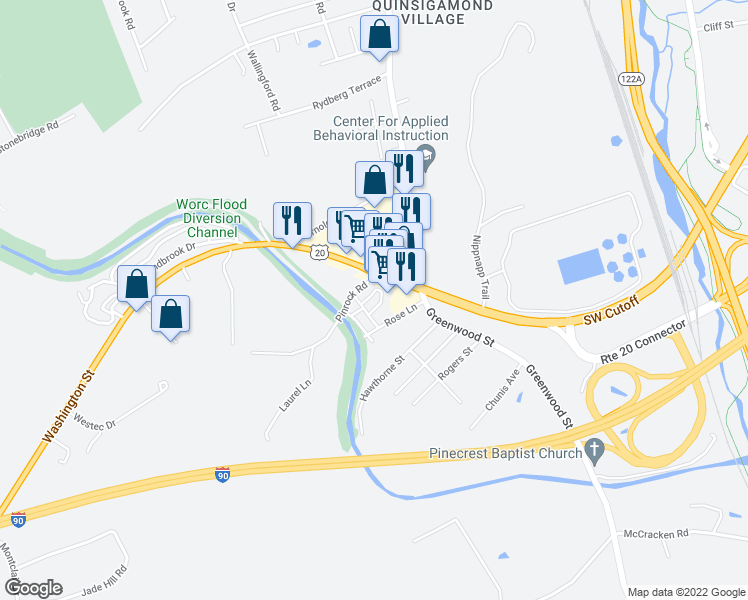 map of restaurants, bars, coffee shops, grocery stores, and more near 558 Southwest Cutoff in Worcester