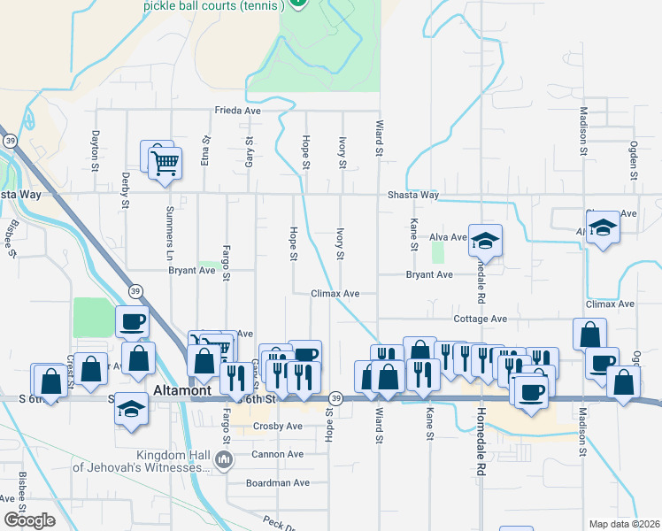 map of restaurants, bars, coffee shops, grocery stores, and more near 1847 Ivory Street in Klamath Falls