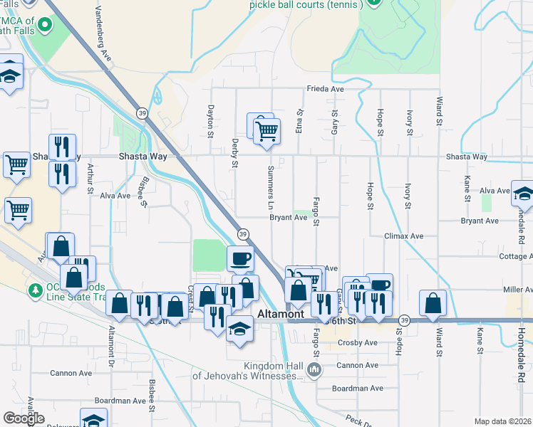 map of restaurants, bars, coffee shops, grocery stores, and more near 1852 Summers Lane in Klamath Falls