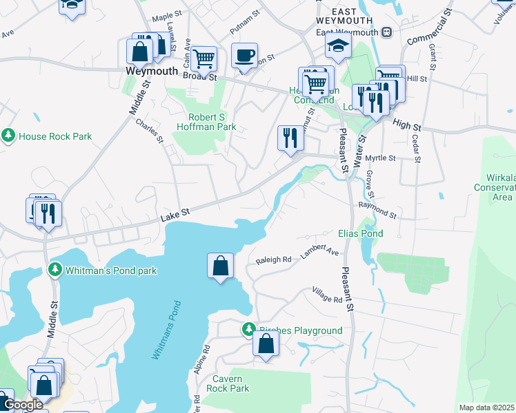 map of restaurants, bars, coffee shops, grocery stores, and more near 9 Willow Lane in Weymouth