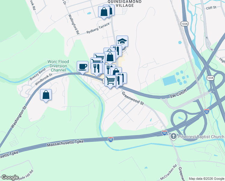 map of restaurants, bars, coffee shops, grocery stores, and more near 529 Southwest Cutoff in Worcester