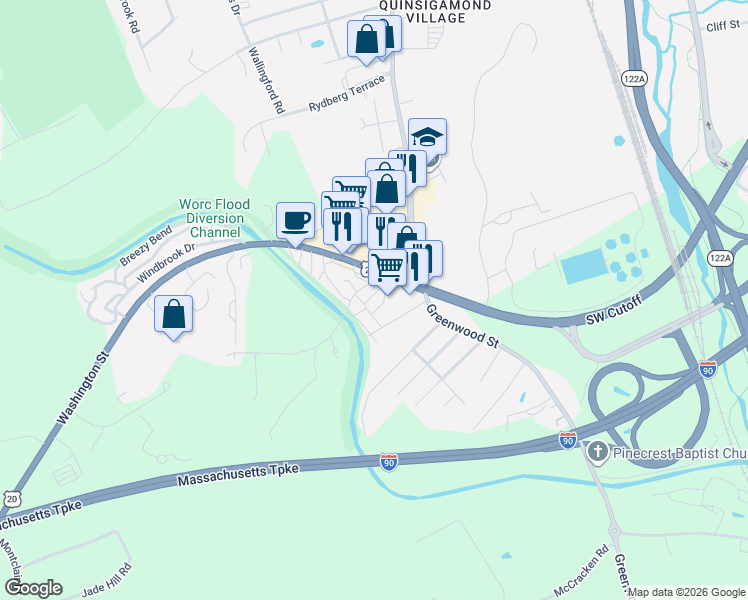 map of restaurants, bars, coffee shops, grocery stores, and more near 558 Southwest Cutoff in Worcester