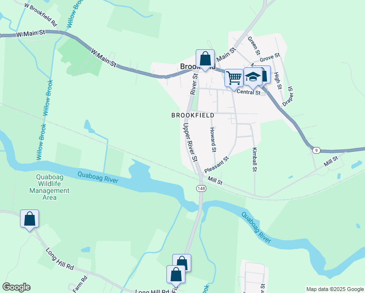 map of restaurants, bars, coffee shops, grocery stores, and more near 30 Upper River Street in Brookfield