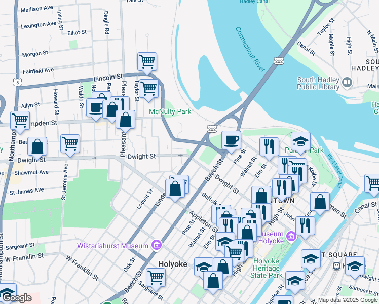 map of restaurants, bars, coffee shops, grocery stores, and more near 931-933 Dwight Street in Holyoke