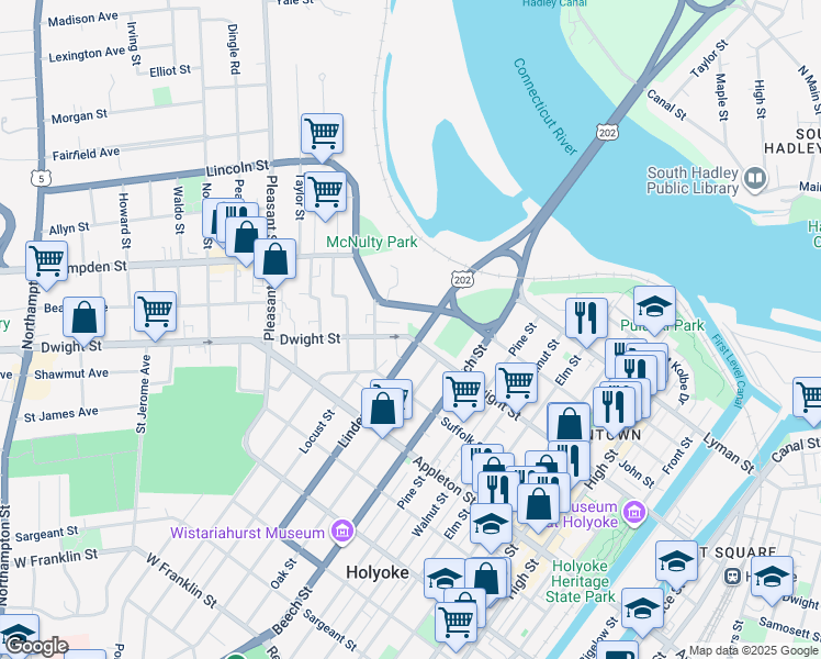 map of restaurants, bars, coffee shops, grocery stores, and more near 931-933 Dwight Street in Holyoke