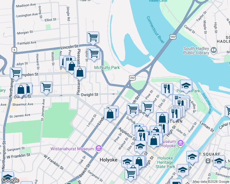 map of restaurants, bars, coffee shops, grocery stores, and more near 931-933 Dwight Street in Holyoke