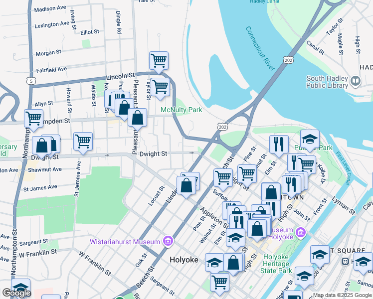map of restaurants, bars, coffee shops, grocery stores, and more near 13 School Street in Holyoke