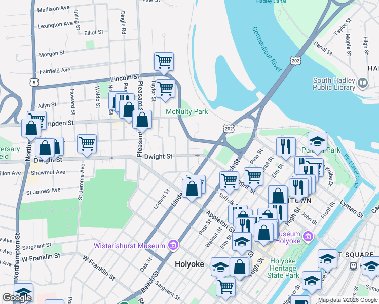 map of restaurants, bars, coffee shops, grocery stores, and more near 13 School Street in Holyoke