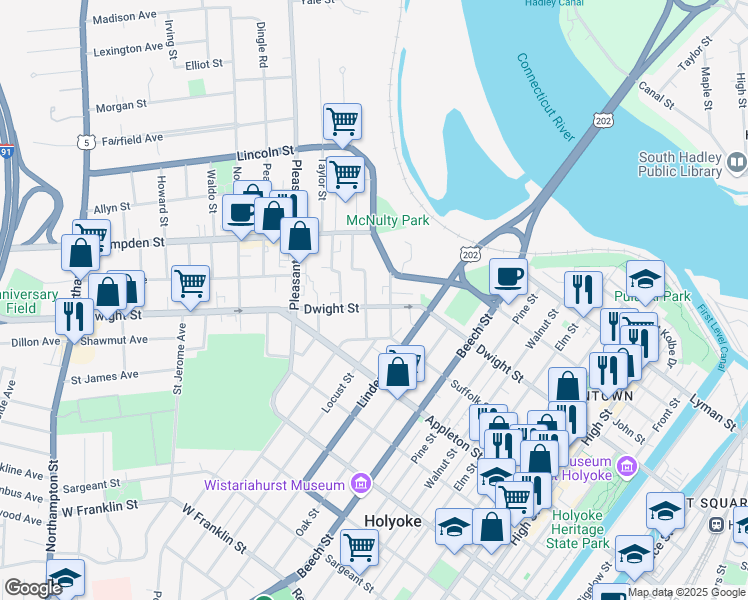 map of restaurants, bars, coffee shops, grocery stores, and more near 13 School Street in Holyoke