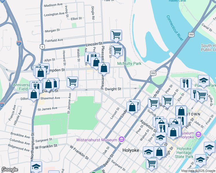 map of restaurants, bars, coffee shops, grocery stores, and more near 1137 Dwight Street in Holyoke