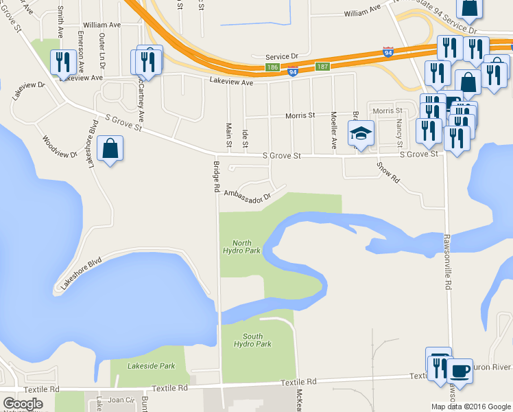 map of restaurants, bars, coffee shops, grocery stores, and more near 2706 Ambassador Drive in Ypsilanti