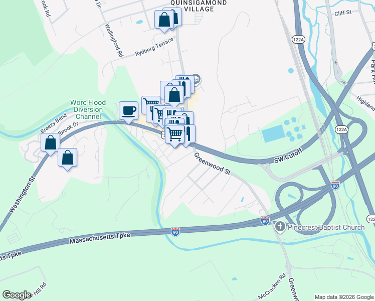 map of restaurants, bars, coffee shops, grocery stores, and more near 529 Southwest Cutoff in Worcester