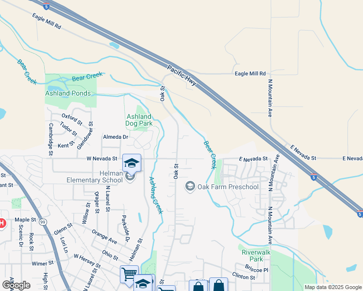 map of restaurants, bars, coffee shops, grocery stores, and more near 1154 Oak Street in Ashland
