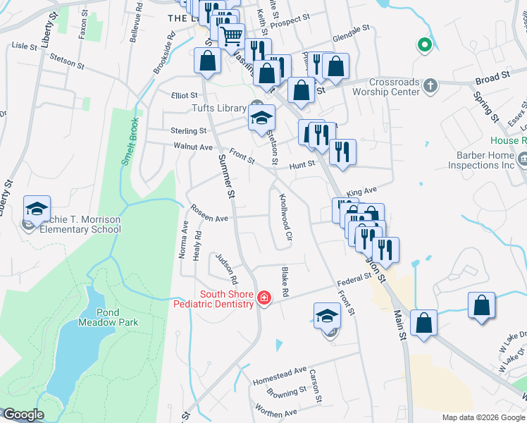 map of restaurants, bars, coffee shops, grocery stores, and more near 40 Kingman Street in Weymouth